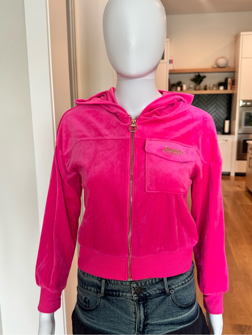Justice Girls' Hot Pink Velour Zip-Up Hoodie Jacket